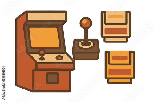 Retro arcade gaming controllers and cabinet design in simple art style