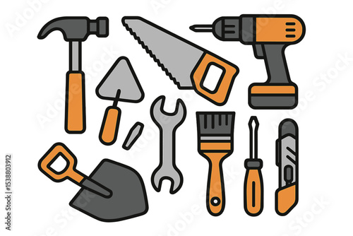 Construction tools and equipment arranged on a flat surface for DIY projects or home improvement tasks