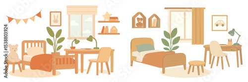 Cozy and playful children's room design with soft colors, plants, and furniture for a relaxing atmosphere