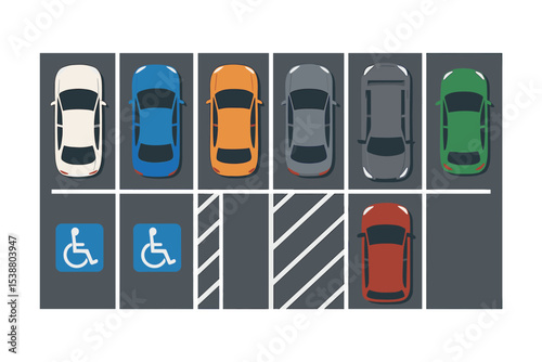 Parking lot layout showing various vehicles with designated handicapped spaces