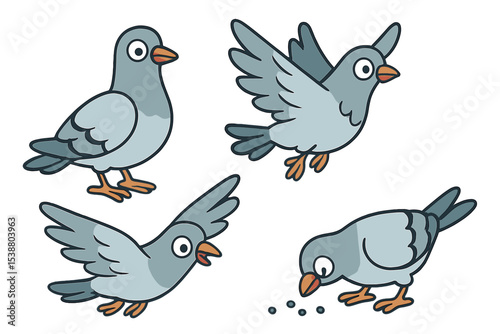 Cartoon depiction of pigeons in various poses displaying flight and foraging activities
