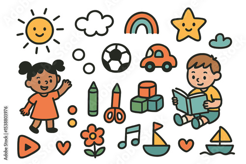 Children engaging in playful activities surrounded by colorful toys, outdoor elements, and creative supplies during a sunny day