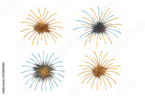 Colorful starburst designs in blue and gold tones for festive decorations or celebrations