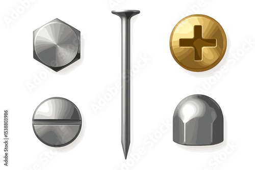 Various types of fasteners including hexagonal and round shapes on a plain background