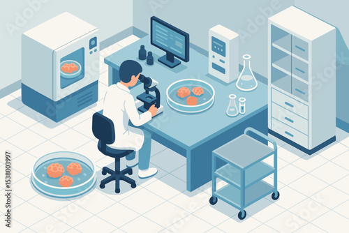 Scientist examining cookie samples in lab using microscope at a research facility during the day