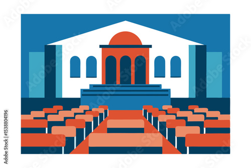 Classical Architecture Auditorium Design, Geometric Shapes, and Color Blocking in an Illustration