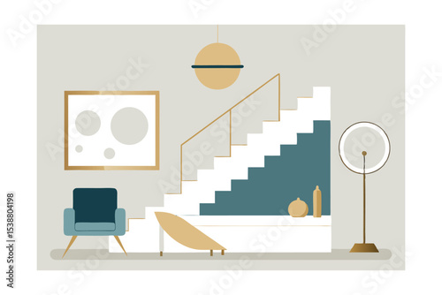 Modern Minimalist Interior Design Staircase,  Lounge, and Decor Elements