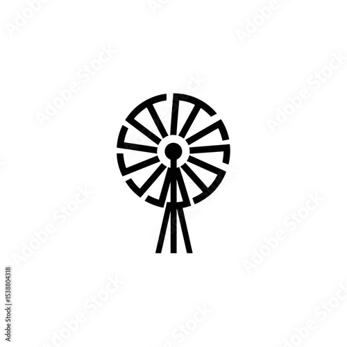 Abstract windmill rotates silently on isolated white background black art
