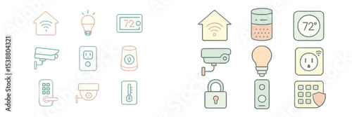 Smart home technology icons representing various devices for home automation, monitoring, and comfort settings