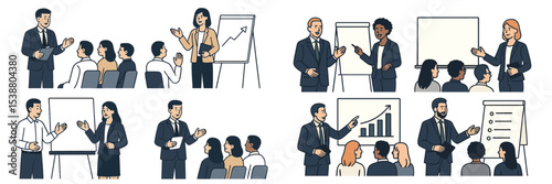 Professionals engage in various presentations and discussions in a business conference setting in a corporate environment