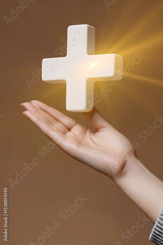 Glowing White Cross Symbol in Hand