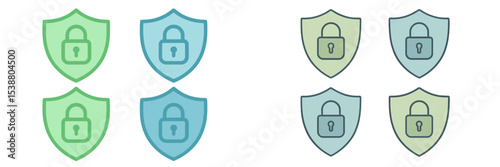 Illustration of shield icons with padlocks in various colors representing security concepts and protection themes