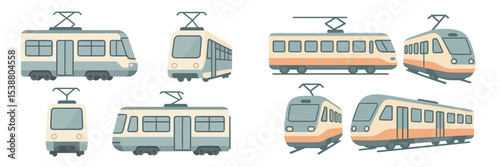 Different types of modern electric trams and trains in a flat design style showcasing various angles and colors