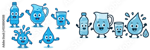 Cartoon characters representing various water forms engaging joyfully in a playful activity in a colorful setting