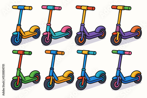 Colorful scooters arranged in a playful display showcasing different designs and colors for kids to enjoy outdoor fun