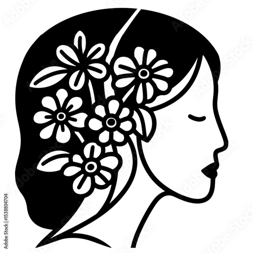 Black and white vector illustration of a woman with flowers in her hair