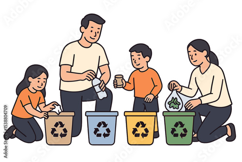 Family participates in recycling activity together at home during afternoon