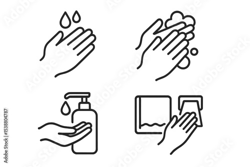 Handwashing techniques and hygiene practices outlined with simple illustrations for effective cleaning