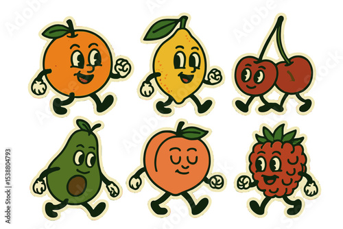 Colorful cartoon fruit characters enjoying a fun walk through a sunny garden scene in a playful and cheerful atmosphere