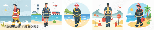 firefighter vector walking on the beach
