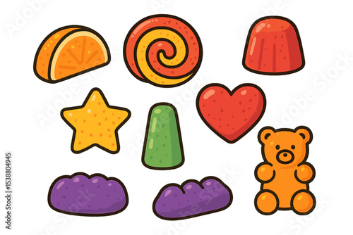 Colorful assortment of gummy candies in various shapes and flavors displayed on a white background