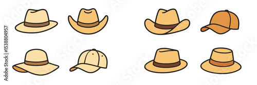 Variety of hats displayed including cowboy hats, caps, and sun hats arranged in a grid format