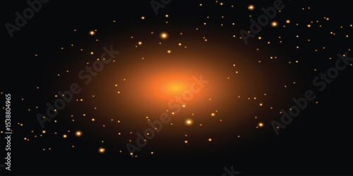 an abstract background with a dark space filled with bright orange and yellow light effects and scattered small luminous dots resembling stars.
