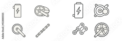 Icons depicting various components related to electric bicycles and their mechanical systems in a simple line art style