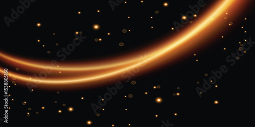 an abstract background with a dark space where smooth, curved orange-yellow light stripes pass, resembling movement or the effect of movement against the starry sky