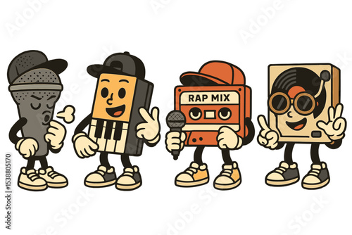 Characters representing music elements in a lively illustration showcasing hip hop culture