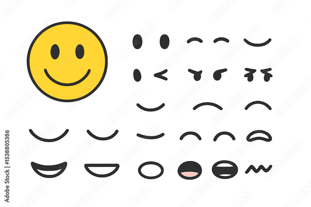 Variety of facial expressions featuring a happy yellow smiley face and different eye shapes on a white background