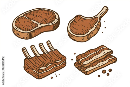 Illustrations of various cuts of meat showcasing steak, lamb chop, ribs, and bacon in a rustic style