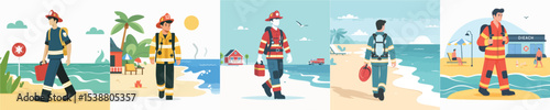 firefighter vector walking on the beach