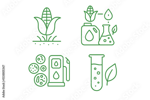 Illustration of biofuel production process including corn, laboratory equipment, and environmental elements