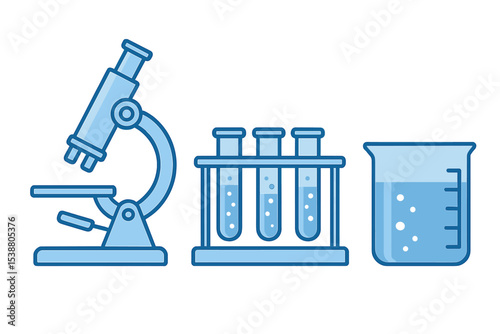 Laboratory equipment setup featuring microscope, test tubes, and beaker demonstrating scientific experimentation