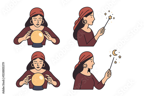 Fortune teller practicing divination with crystal ball and magic wand in a mystical setting