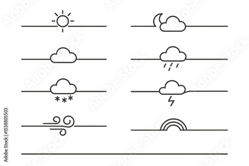 Various weather icons illustrating sun, clouds, rain, wind, lightning, and a rainbow in a minimalist style