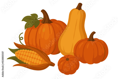 Colorful assortment of pumpkins and corn displayed for autumn decoration and harvest celebrations in a farm setting