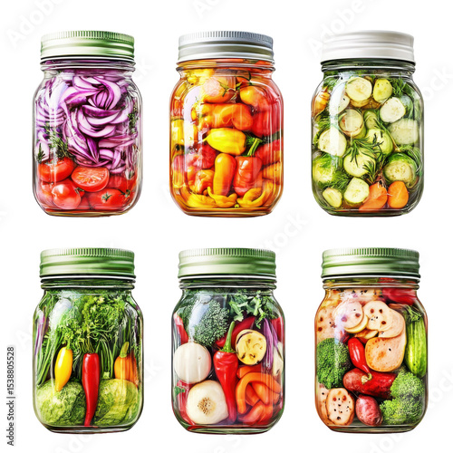 Colorful Assortment of Freshly Pickled Vegetables in Jars for Healthy Eating and Preserving Flavors on transparent background