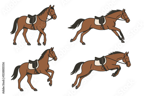Horses in various poses showcasing movement and energy during daytime activities in a natural setting