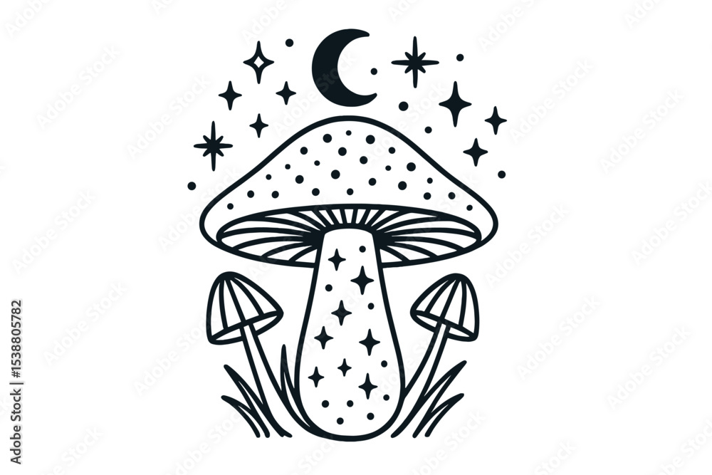 Mushroom with stars and moon illustration in a whimsical style depicting a magical night landscape Mushroom with stars and moon illustration in a whimsical style depicting a magical night landscape