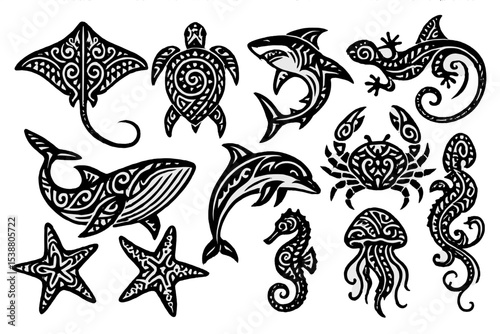 Intricate tribal designs of marine life featuring rays, turtles, and seahorses in a black and white artistic style