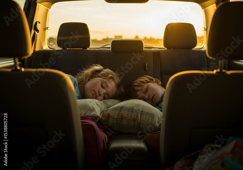 Warm Tone Children Sleeping Peacefully in Backseat of Car Travel