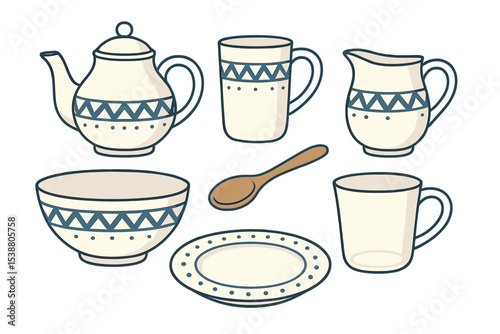 Ceramic tea set with decorative patterns arranged on a white background for kitchen or dining use