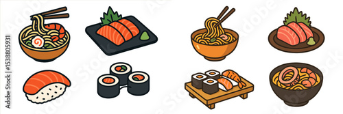 Colorful assortment of sushi and ramen dishes arranged in a creative style