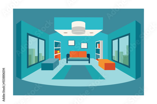 Modern Living Room Interior Design Teal Walls, City View, and Cozy Comfort