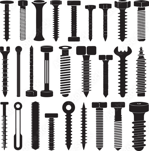 Assortment of different screws and bolts silhouetted in black and white isolated design