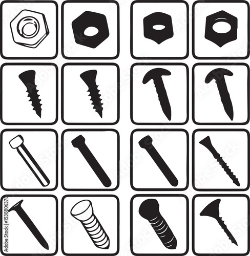 Assorted black and white vector illustrations of different screws and nuts