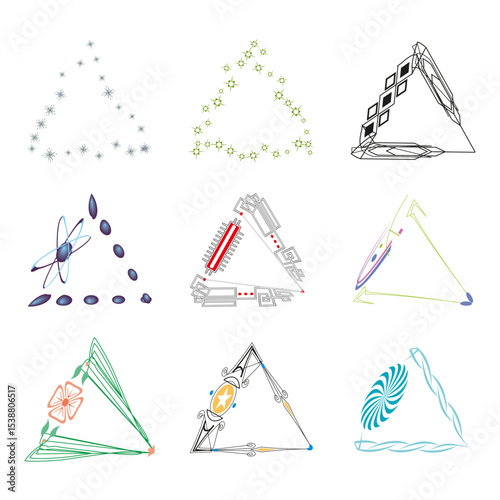 Abstract triangle shapes. Tech decor symbol. Fantasy triangle vector. Color line composition.