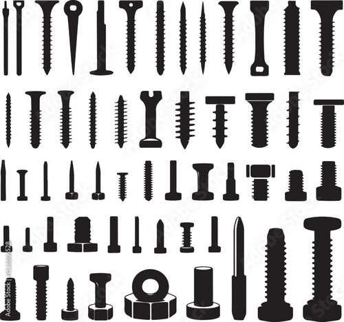 Collection of various black and white silhouettes of screws bolts and fasteners in construction